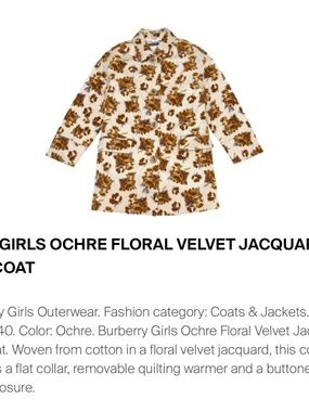BURBERRY Kids' Girls Ochre Floral Velvet Jacquard Car